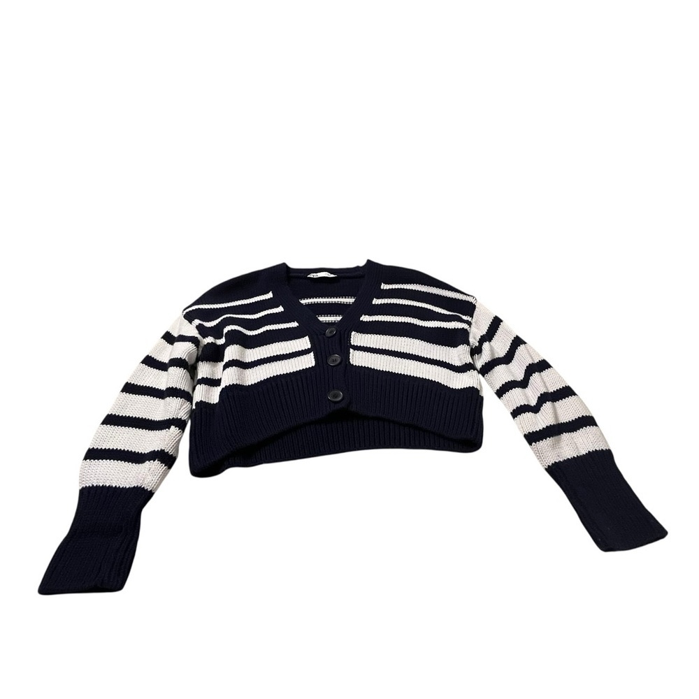 Zara Navy White Stripe Cropped Cardigan Coastal Prep Sailor Knit S - Picture 6 of 8